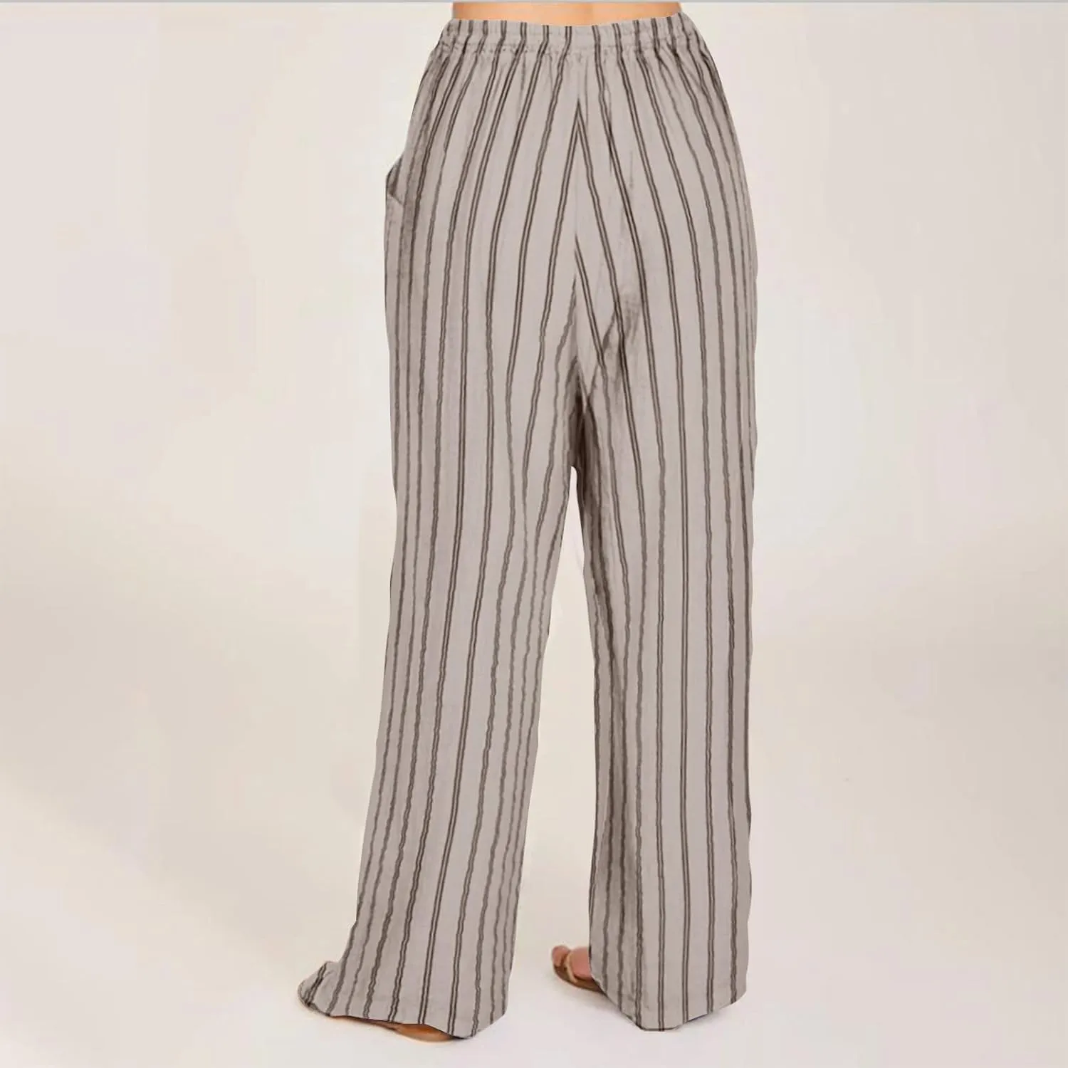 Linen Pants Women Summer Striped Wide Leg Pants Drawstring Elastic High Waisted Lounge Pants Casual Beach Trousers