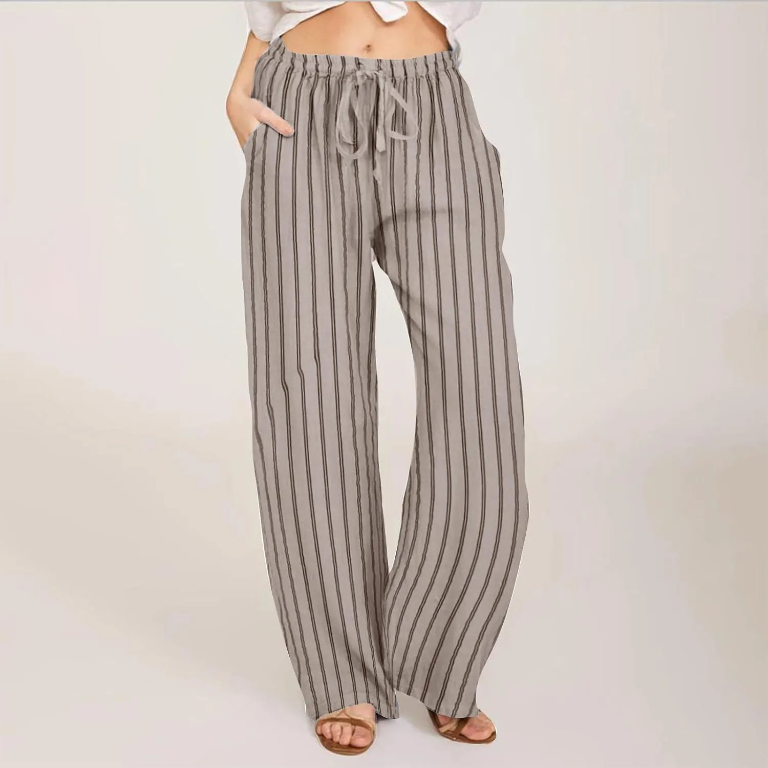 Linen Pants Women Summer Striped Wide Leg Pants Drawstring Elastic High Waisted Lounge Pants Casual Beach Trousers