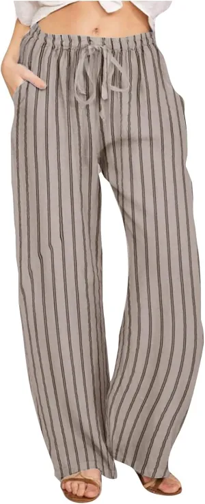 Linen Pants Women Summer Striped Wide Leg Pants Drawstring Elastic High Waisted Lounge Pants Casual Beach Trousers