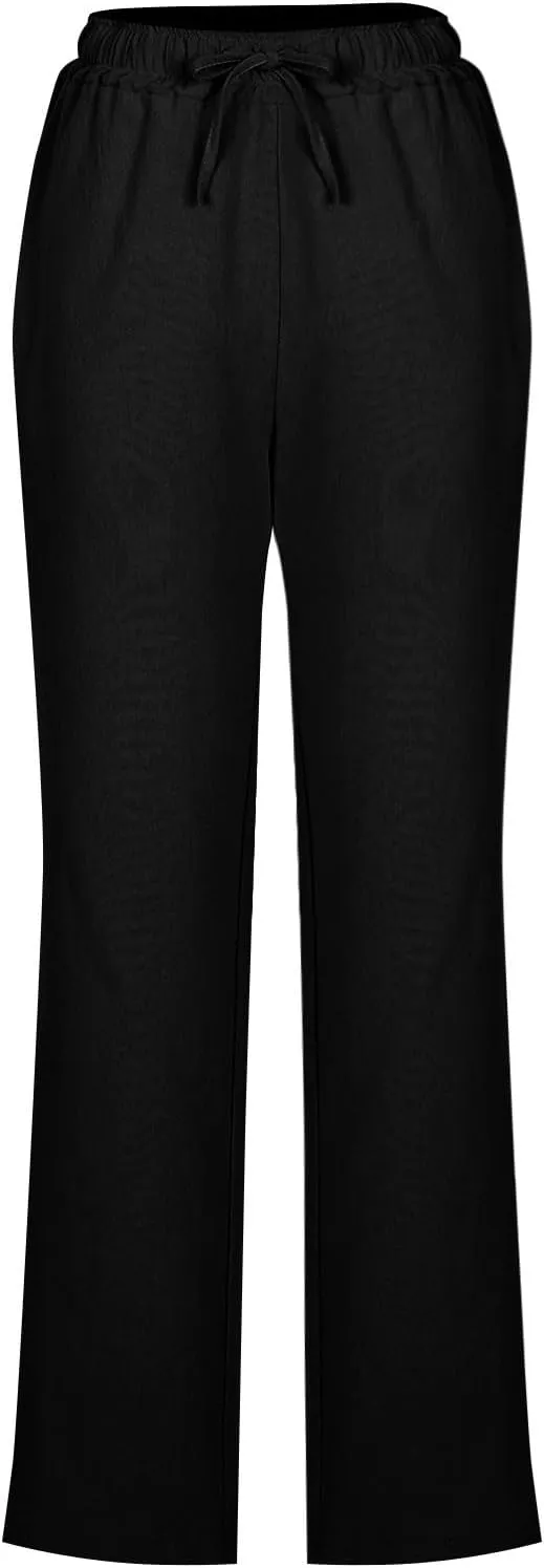 Linen Pants Women Vacation Casual Linen High Waist Pants Drawstring Loose Fit Summer Pants Trousers with Side Pockets