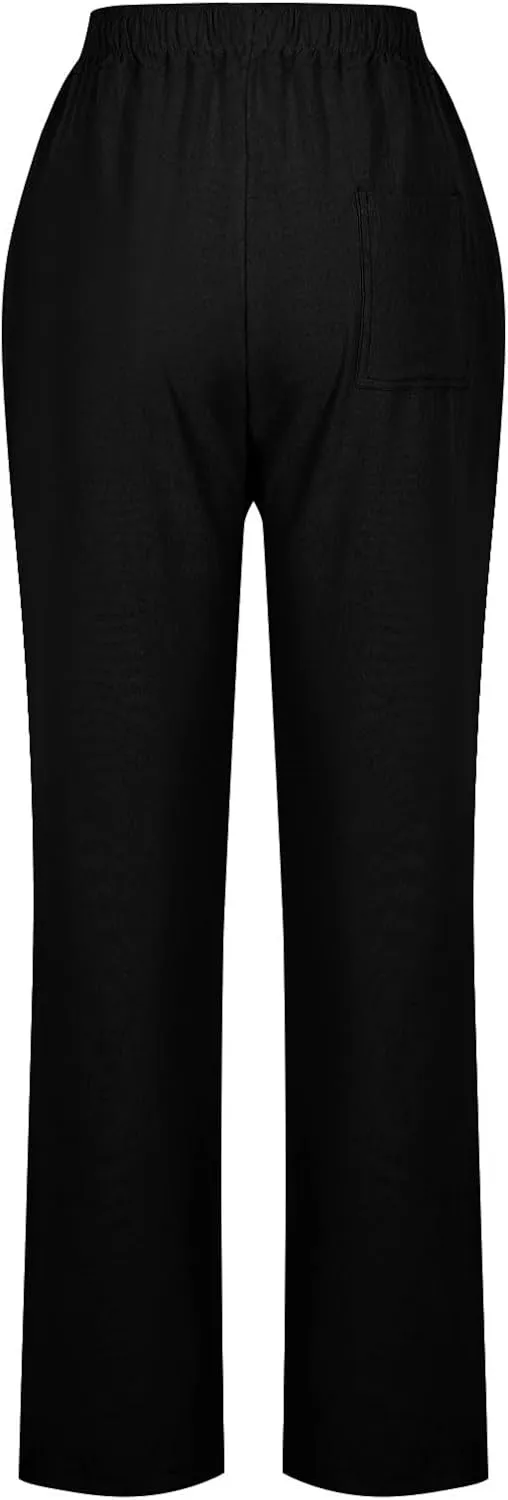Linen Pants Women Vacation Casual Linen High Waist Pants Drawstring Loose Fit Summer Pants Trousers with Side Pockets