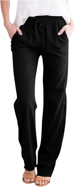 Linen Pants Women Vacation Casual Linen High Waist Pants Drawstring Loose Fit Summer Pants Trousers with Side Pockets