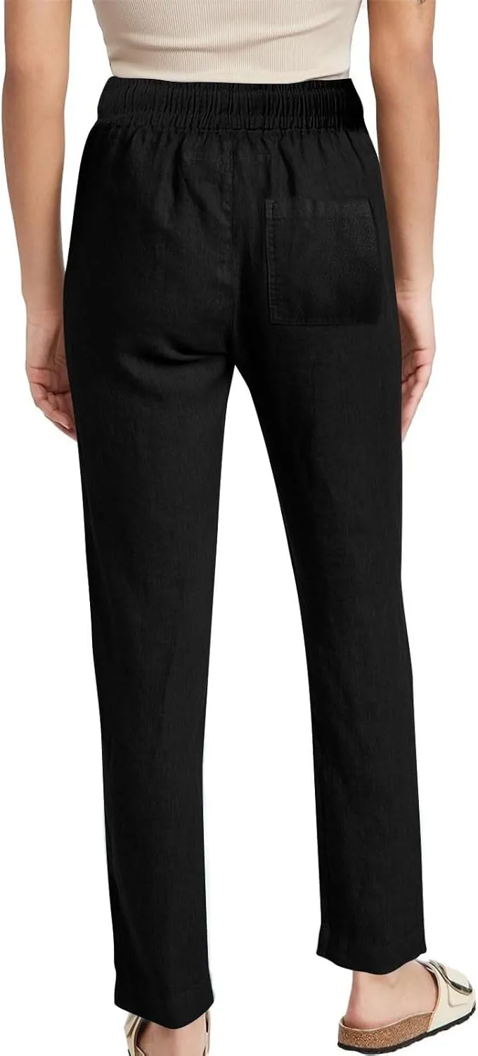 Linen Pants Women Vacation Casual Linen High Waist Pants Drawstring Loose Fit Summer Pants Trousers with Side Pockets