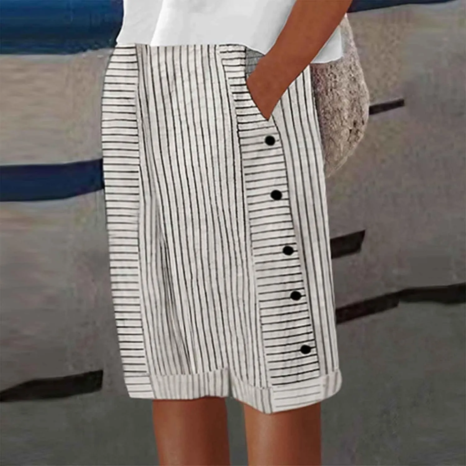 Linen Shorts for Women 2025 Summer Trendy High Waisted Wide Leg Side Button Bermuda Short Loose Pants with Pockets