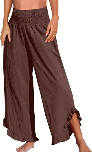 Linen Wide Leg Pants for Women Smocked High Waisted Palazzo Pants Boho Flowy Ruffle Hem Beach Trousers with Pockets