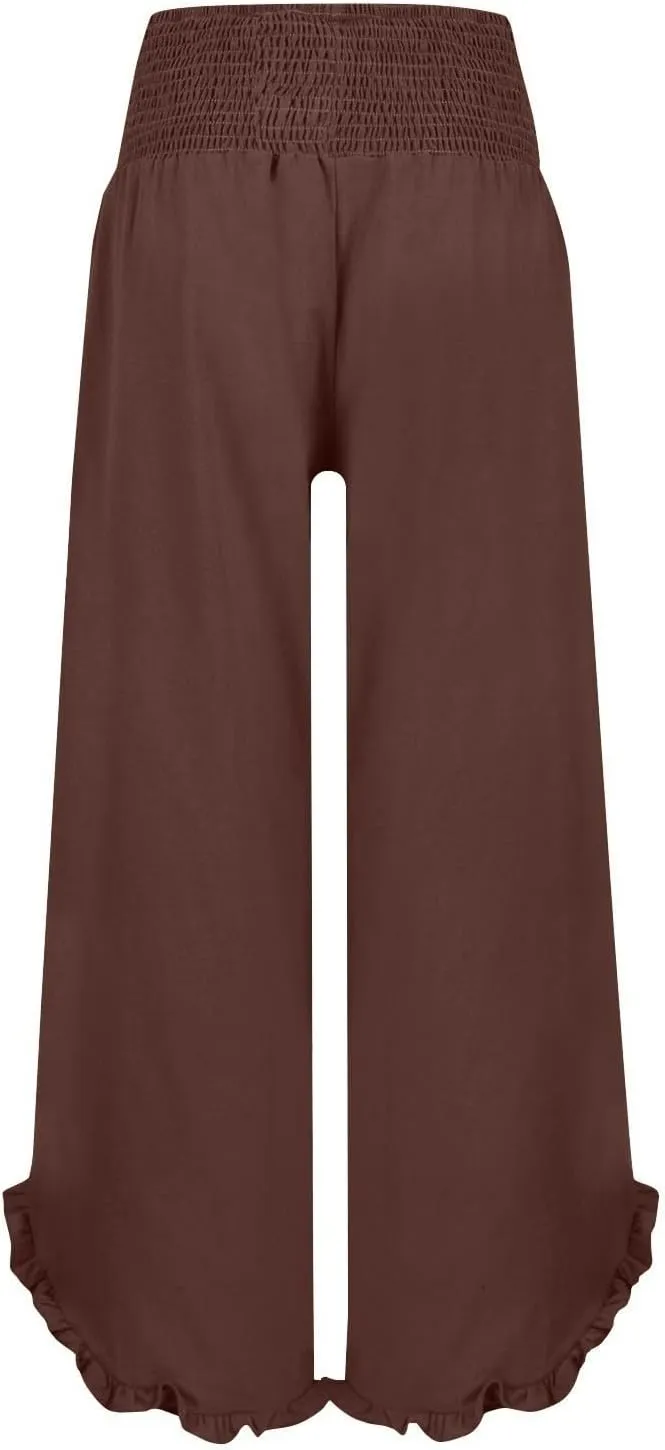 Linen Wide Leg Pants for Women Smocked High Waisted Palazzo Pants Boho Flowy Ruffle Hem Beach Trousers with Pockets