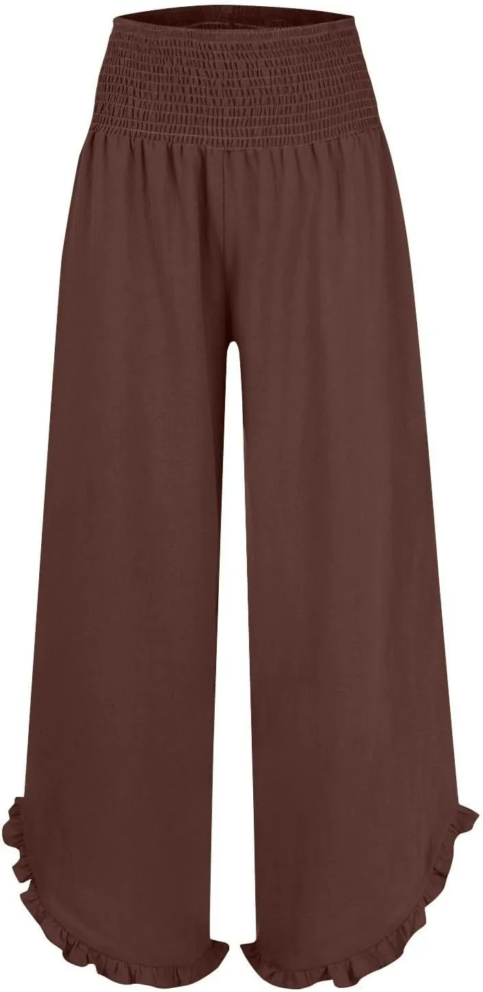 Linen Wide Leg Pants for Women Smocked High Waisted Palazzo Pants Boho Flowy Ruffle Hem Beach Trousers with Pockets