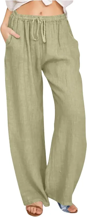 Linen Wide Leg Pants Women Pant High Waisted Drawstring Baggy Trousers 2025 Casual Summer Palazzo Pant with Pockets