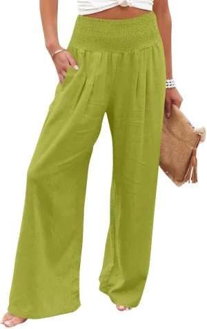 Linen Work Pants Women Palazzo Pants Summer Smocked High Waisted Wide Legged Pant Baggy Trousers with Pockets