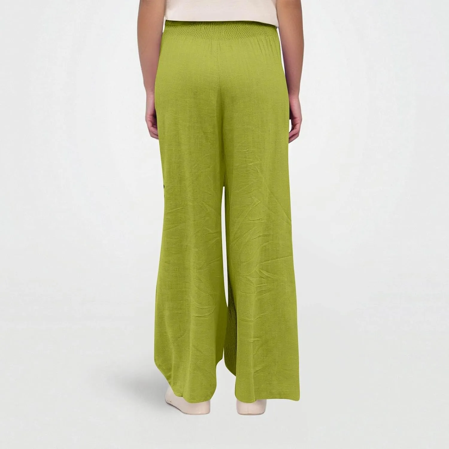 Linen Work Pants Women Palazzo Pants Summer Smocked High Waisted Wide Legged Pant Baggy Trousers with Pockets