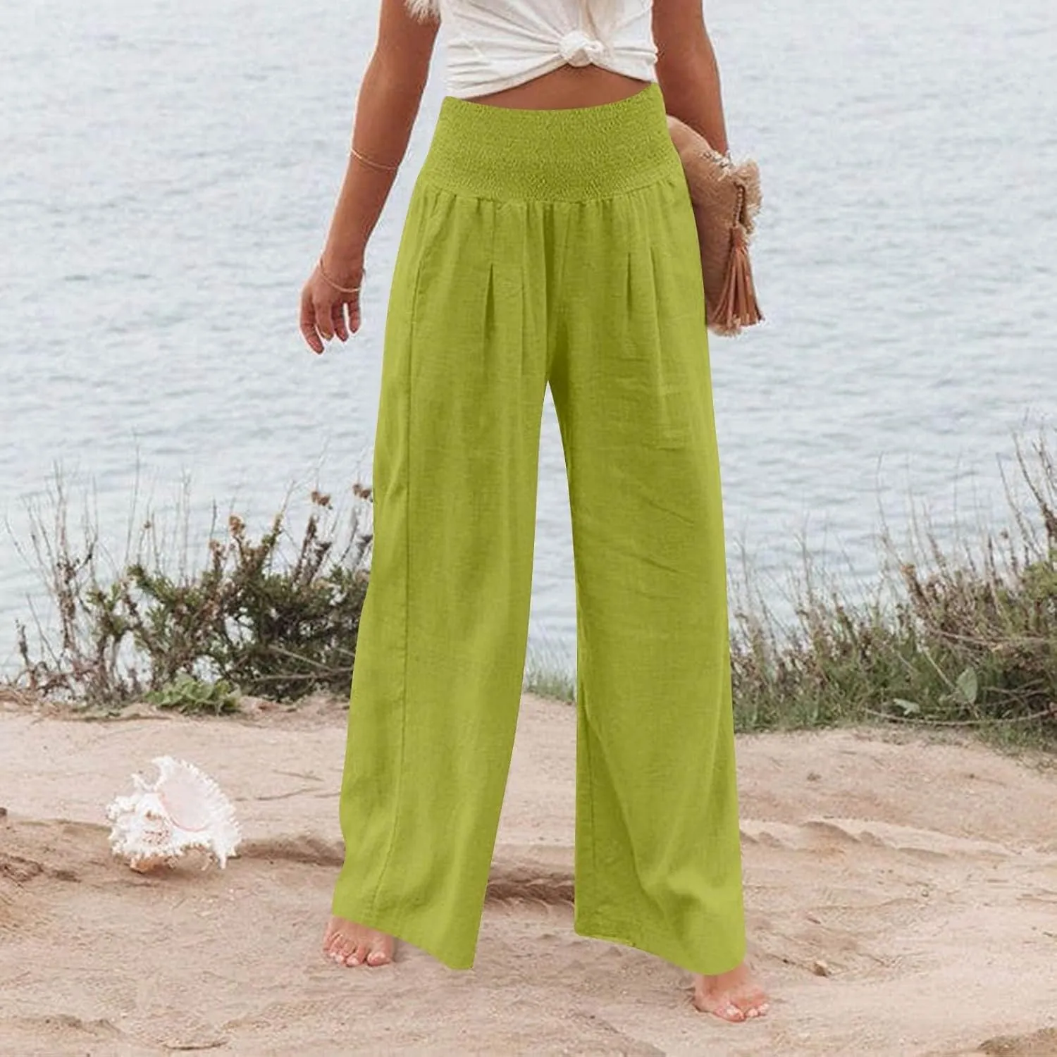Linen Work Pants Women Palazzo Pants Summer Smocked High Waisted Wide Legged Pant Baggy Trousers with Pockets