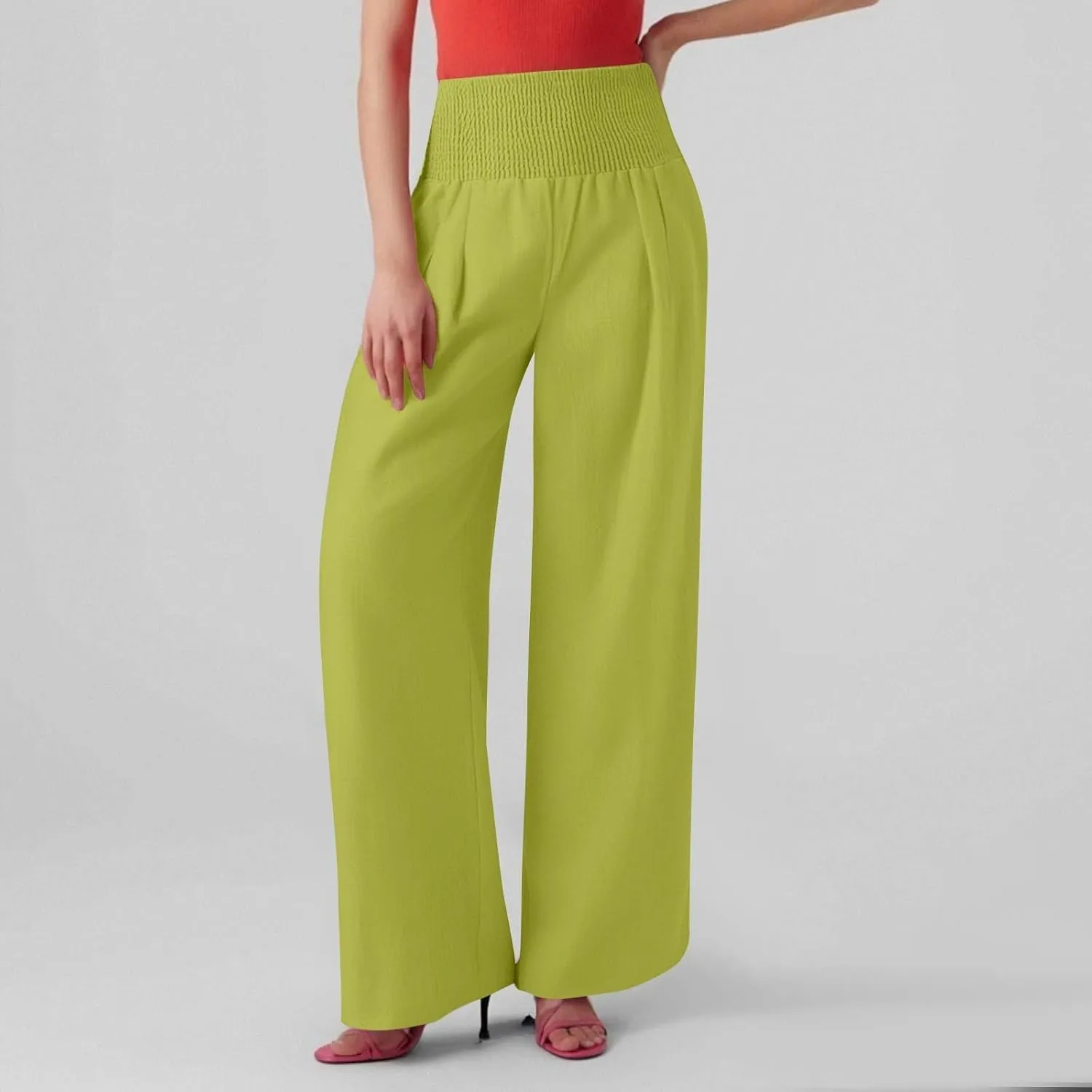 Linen Work Pants Women Palazzo Pants Summer Smocked High Waisted Wide Legged Pant Baggy Trousers with Pockets