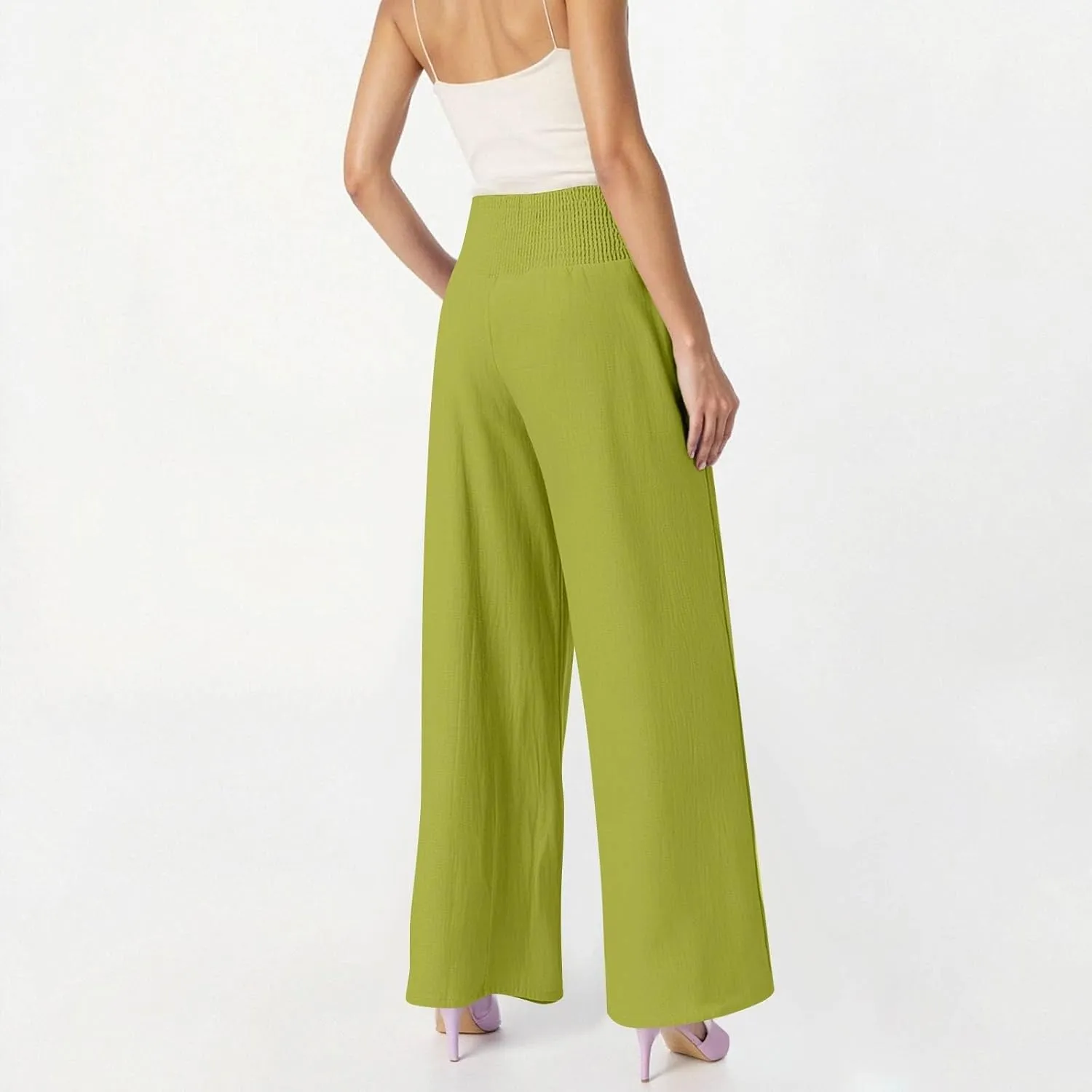Linen Work Pants Women Palazzo Pants Summer Smocked High Waisted Wide Legged Pant Baggy Trousers with Pockets