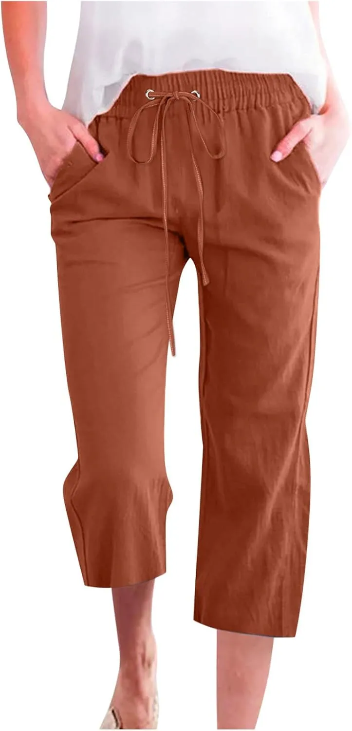 Lmdudan 2025 Capri Pants for Women Summer Drawstring Capris Linen Pants Beach Straight Wide Leg Cropped Trousers with Pockets