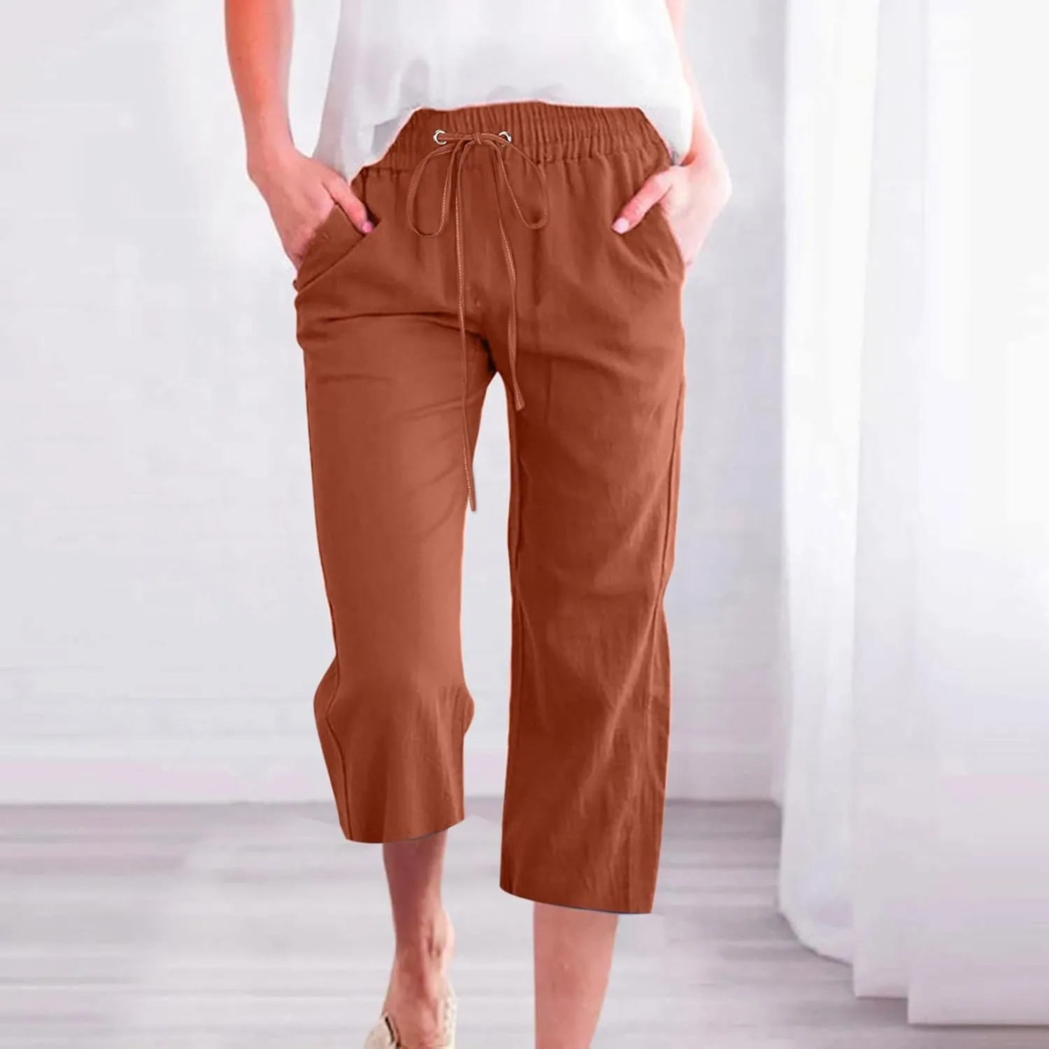 Lmdudan 2025 Capri Pants for Women Summer Drawstring Capris Linen Pants Beach Straight Wide Leg Cropped Trousers with Pockets
