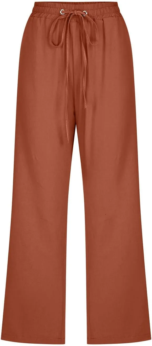Lmdudan 2025 Capri Pants for Women Summer Drawstring Capris Linen Pants Beach Straight Wide Leg Cropped Trousers with Pockets