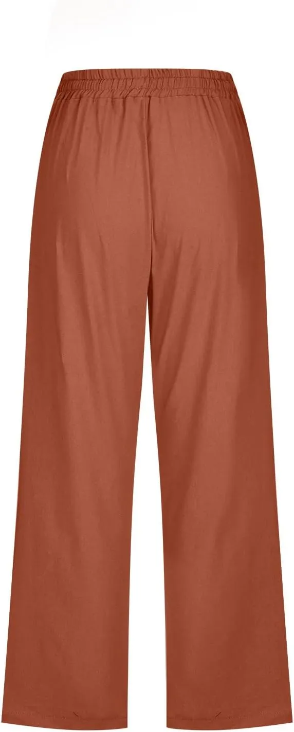 Lmdudan 2025 Capri Pants for Women Summer Drawstring Capris Linen Pants Beach Straight Wide Leg Cropped Trousers with Pockets