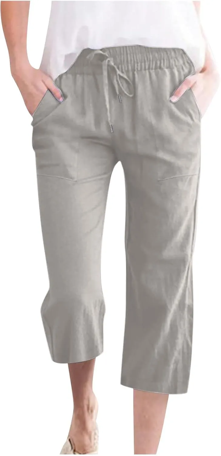 Lmdudan 2025 Capri Pants for Women Summer Linen Pants Drawstring Waisted Casual Wide Leg Trousers Cropped Pants with Pockets