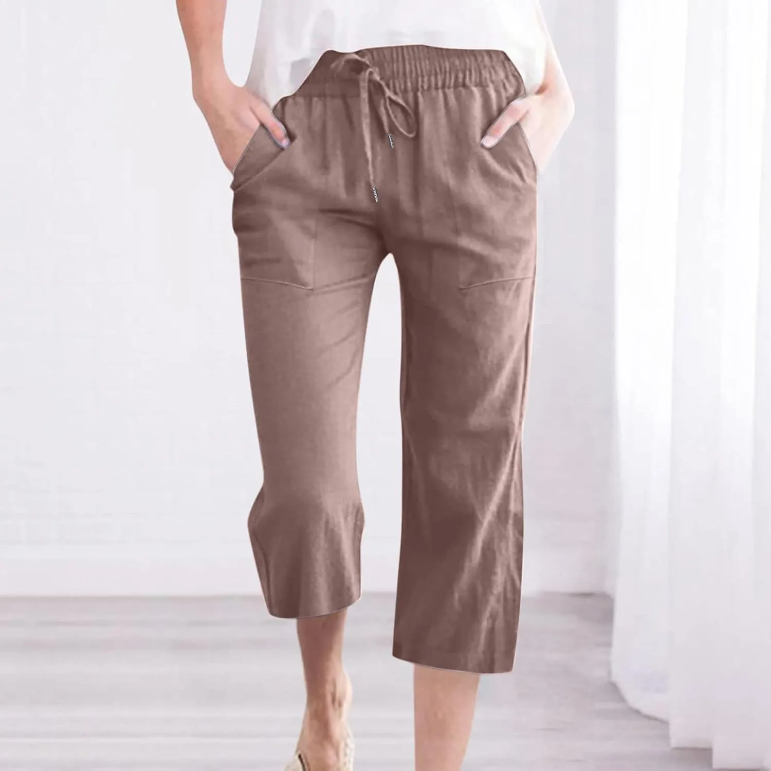Lmdudan 2025 Capri Pants for Women Summer Linen Pants Drawstring Waisted Casual Wide Leg Trousers Cropped Pants with Pockets