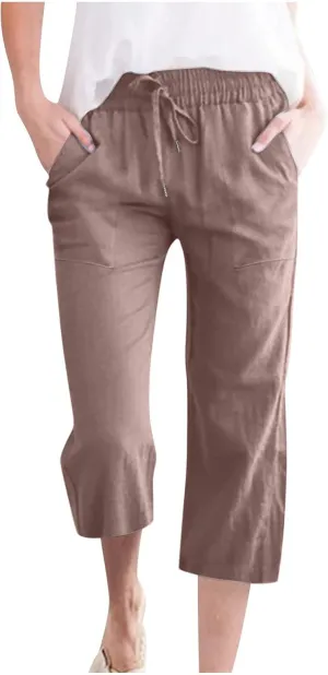 Lmdudan 2025 Capri Pants for Women Summer Linen Pants Drawstring Waisted Casual Wide Leg Trousers Cropped Pants with Pockets