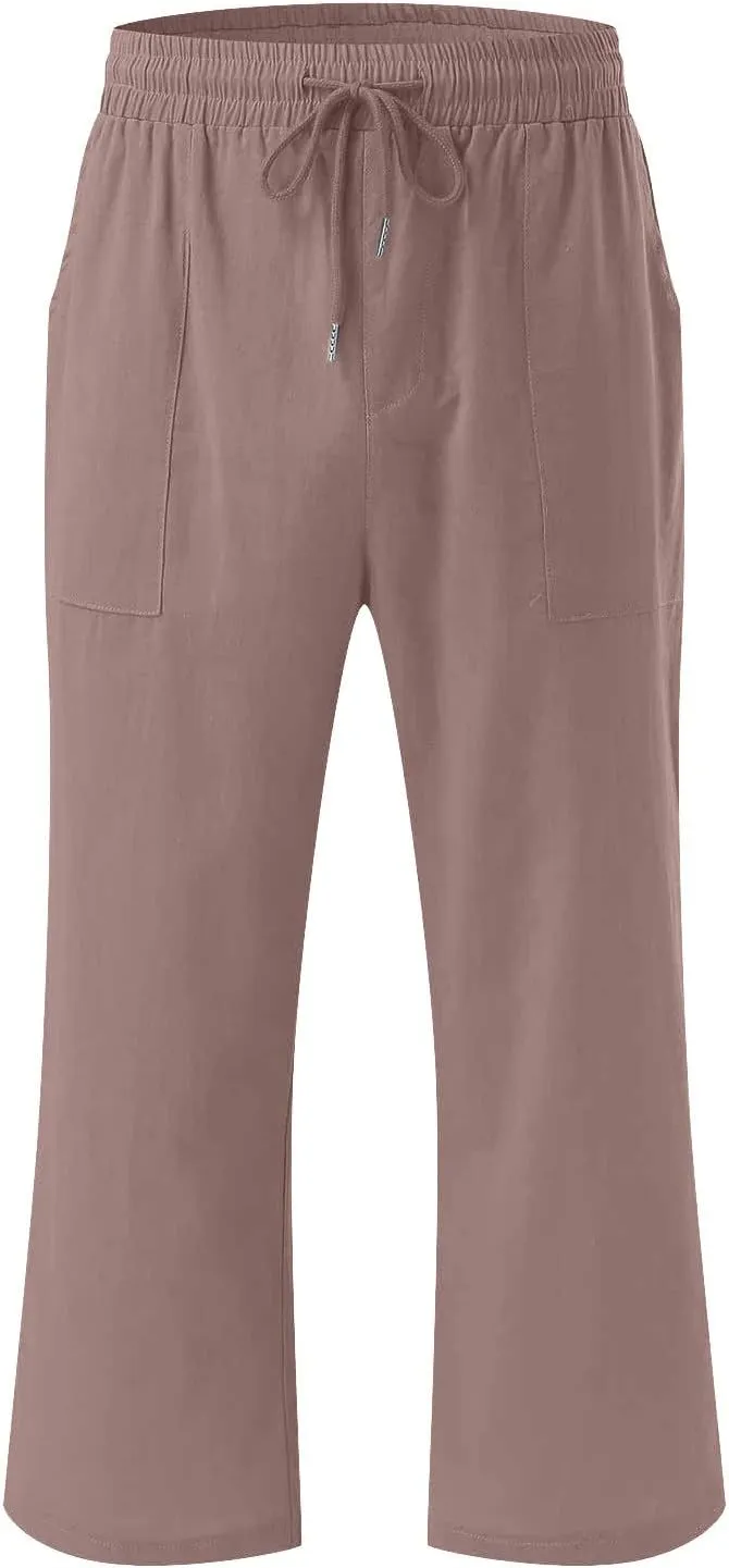 Lmdudan 2025 Capri Pants for Women Summer Linen Pants Drawstring Waisted Casual Wide Leg Trousers Cropped Pants with Pockets