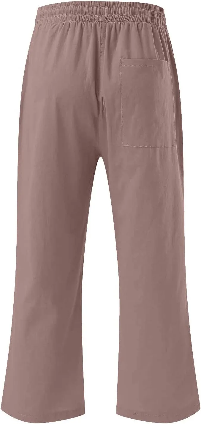 Lmdudan 2025 Capri Pants for Women Summer Linen Pants Drawstring Waisted Casual Wide Leg Trousers Cropped Pants with Pockets