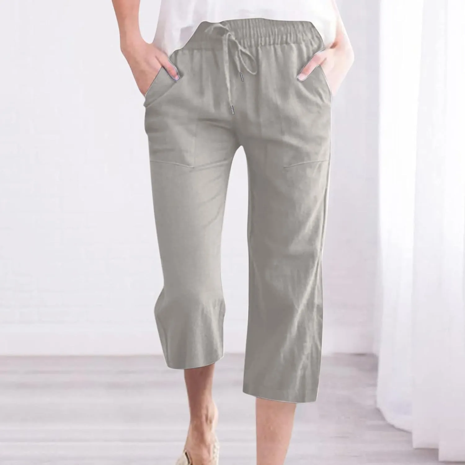 Lmdudan 2025 Capri Pants for Women Summer Linen Pants Drawstring Waisted Casual Wide Leg Trousers Cropped Pants with Pockets