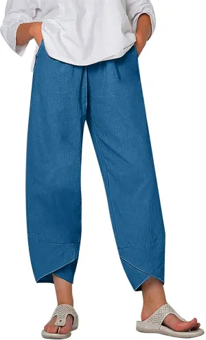 Lmdudan 2025 Plus Size Women Linen Pants Summer Casual Capri Pant with Pockets High Waisted Palazzo Crop Comfy Baggy Trousers