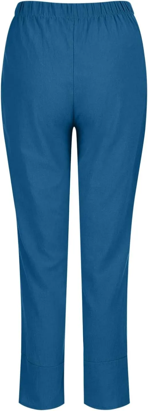 Lmdudan 2025 Plus Size Women Linen Pants Summer Casual Capri Pant with Pockets High Waisted Palazzo Crop Comfy Baggy Trousers