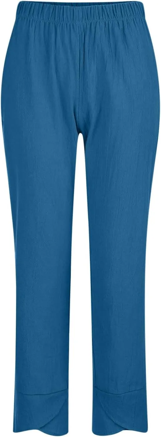 Lmdudan 2025 Plus Size Women Linen Pants Summer Casual Capri Pant with Pockets High Waisted Palazzo Crop Comfy Baggy Trousers