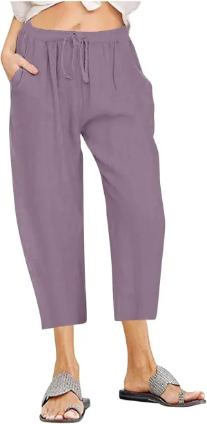 Lmdudan 2025 Women Plus Size Wide Leg Pants Summer Stretchy Drawstring Waist Workout Pants Casual Trousers Pants with Pockets