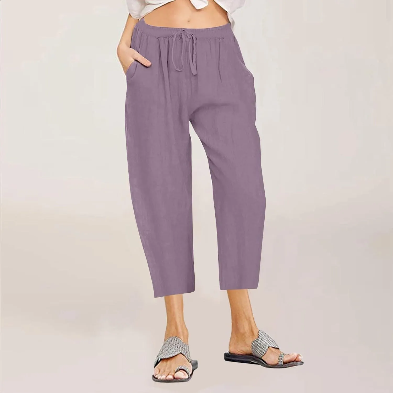 Lmdudan 2025 Women Plus Size Wide Leg Pants Summer Stretchy Drawstring Waist Workout Pants Casual Trousers Pants with Pockets