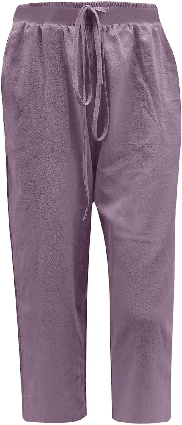 Lmdudan 2025 Women Plus Size Wide Leg Pants Summer Stretchy Drawstring Waist Workout Pants Casual Trousers Pants with Pockets