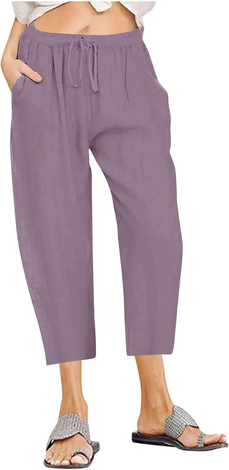 Lmdudan 2025 Women Plus Size Wide Leg Pants Summer Stretchy Drawstring Waist Workout Pants Casual Trousers Pants with Pockets