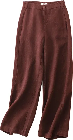 Lmdudan 2025 Women's Cotton Linen Pants Wide Straight Leg Pants Elastic High Waisted Casual Loose Trousers with Pockets