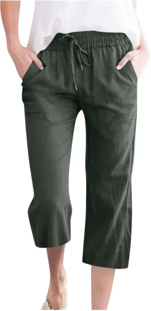 Lmdudan Linen Capri Pants for Women Summer Casual 2025 Womens Capris with Pockets High Waisted Drawstring Cropped Trousers