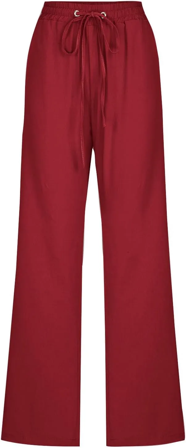 Lmdudan Plus Size Linen Pants for Women Summer Casual Drawstring High Waisted Pant Loose Vacation Lounge Trousers with Pocket