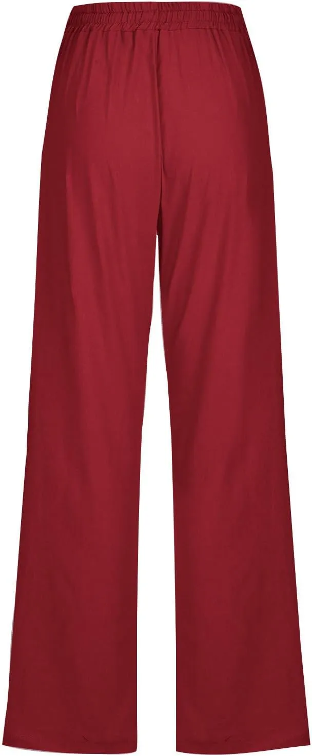 Lmdudan Plus Size Linen Pants for Women Summer Casual Drawstring High Waisted Pant Loose Vacation Lounge Trousers with Pocket