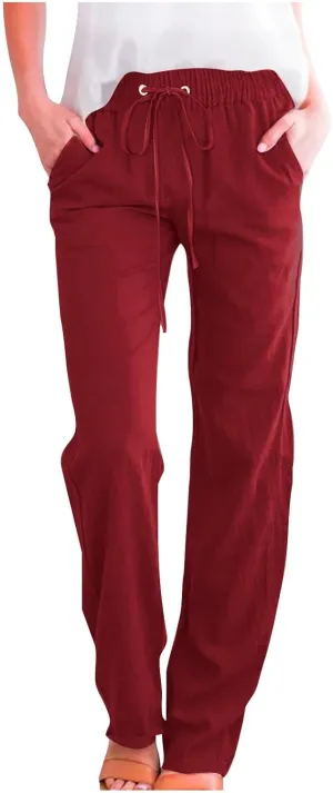 Lmdudan Plus Size Linen Pants for Women Summer Casual Drawstring High Waisted Pant Loose Vacation Lounge Trousers with Pocket