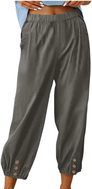 Lmdudan Women Linen Capri Pants Casual Drawstring Elastic High Waist Baggy Wide Leg Cropped Pants Trousers for Ladies Summer