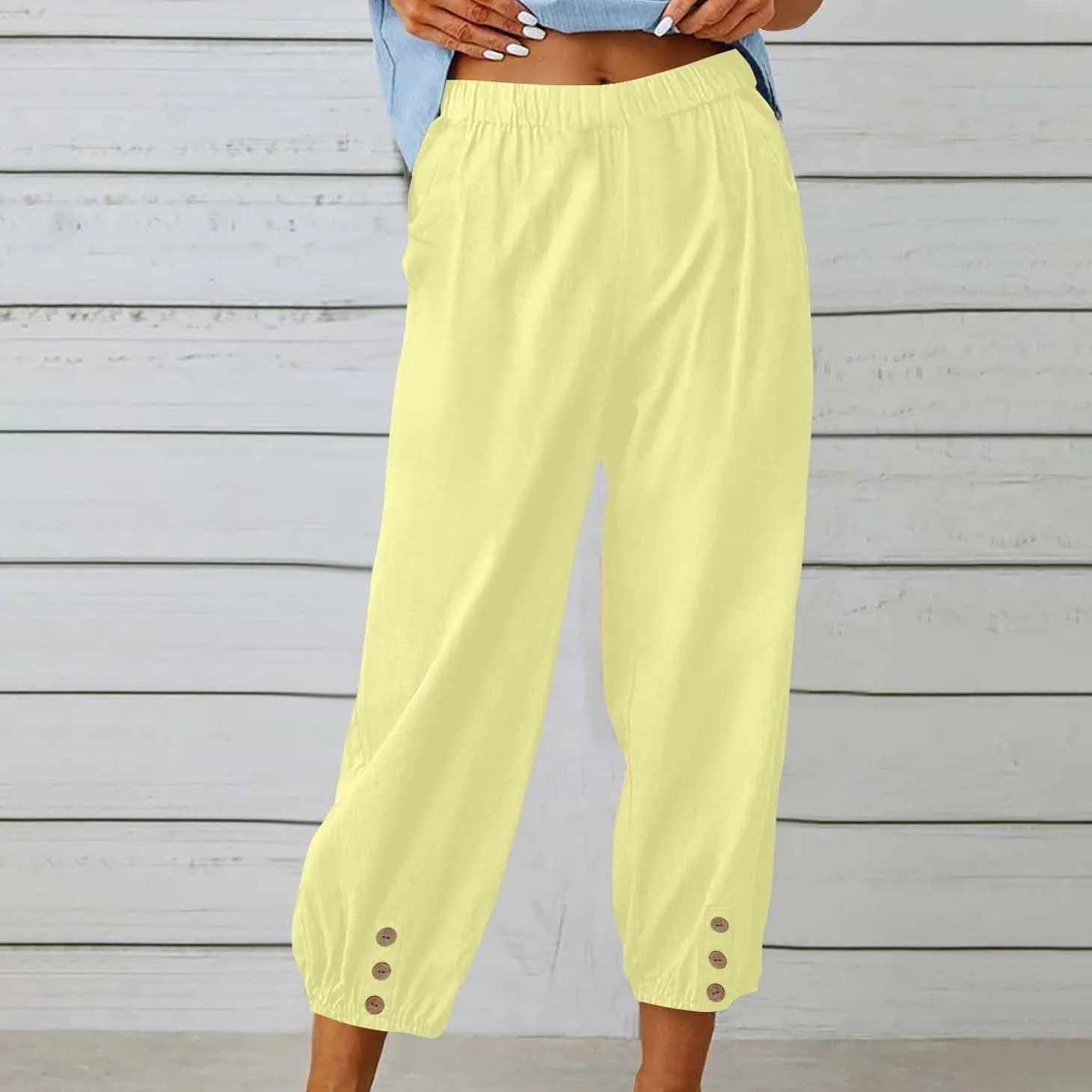 Lmdudan Women Linen Capri Pants Casual Drawstring Elastic High Waist Baggy Wide Leg Cropped Pants Trousers for Ladies Summer
