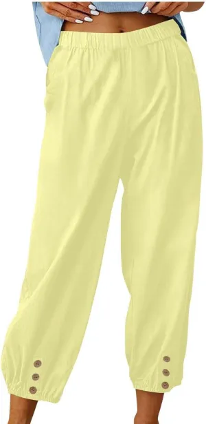 Lmdudan Women Linen Capri Pants Casual Drawstring Elastic High Waist Baggy Wide Leg Cropped Pants Trousers for Ladies Summer