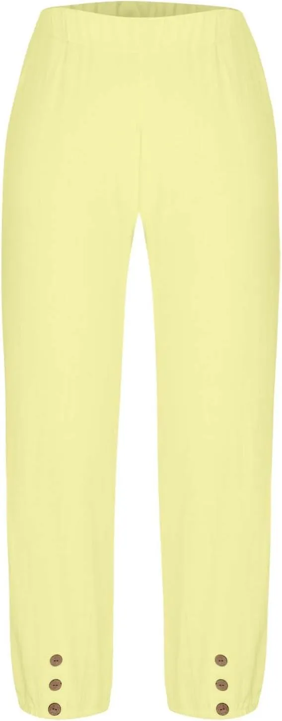 Lmdudan Women Linen Capri Pants Casual Drawstring Elastic High Waist Baggy Wide Leg Cropped Pants Trousers for Ladies Summer