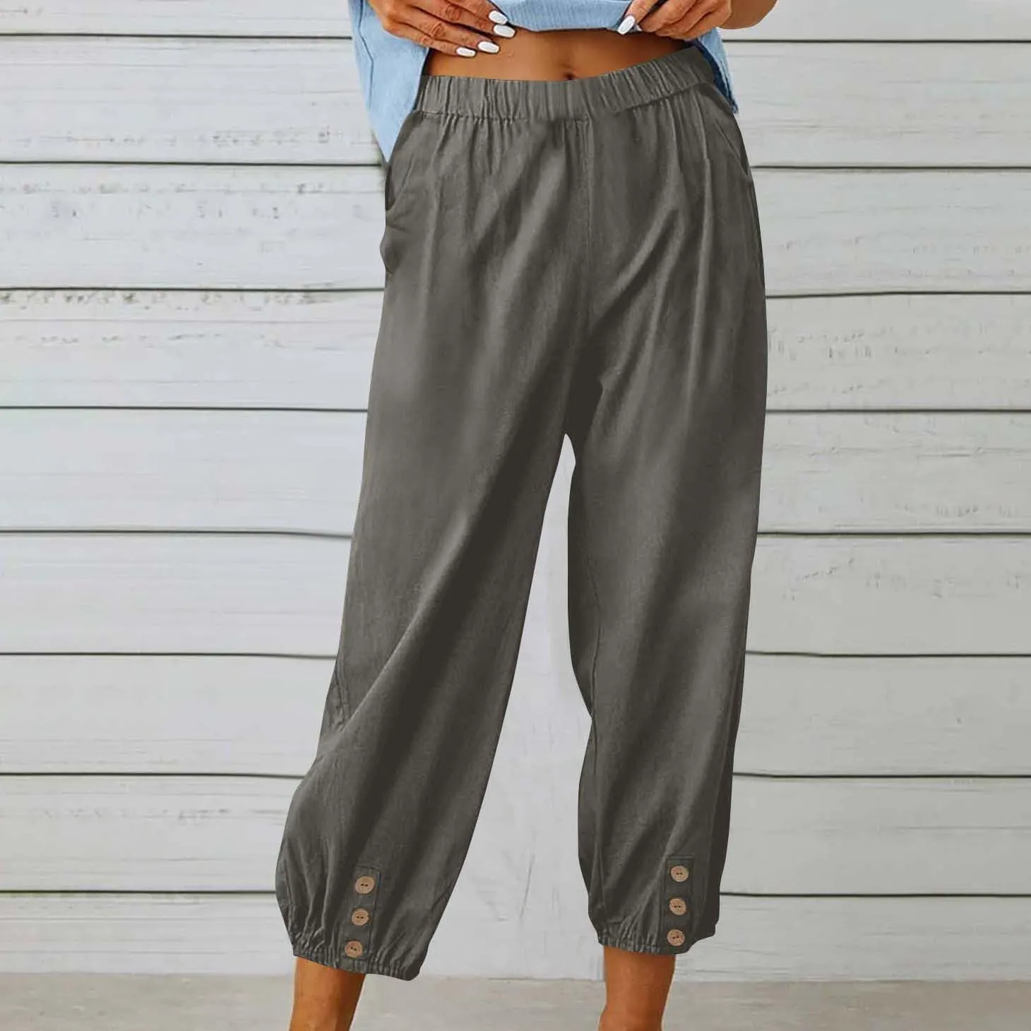 Lmdudan Women Linen Capri Pants Casual Drawstring Elastic High Waist Baggy Wide Leg Cropped Pants Trousers for Ladies Summer