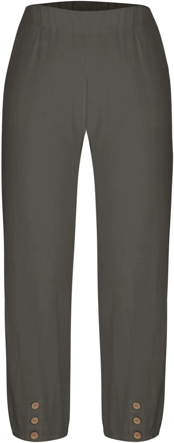 Lmdudan Women Linen Capri Pants Casual Drawstring Elastic High Waist Baggy Wide Leg Cropped Pants Trousers for Ladies Summer