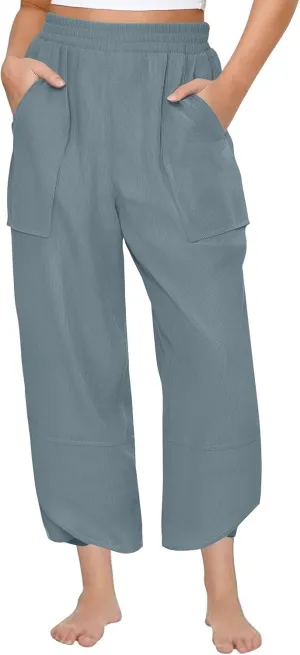 Lmdudan Womens Baggy Wide Leg Pants Casual Elastic Waisted Palazzo Pants with Pockets 2025 Summer Lightweight Capri Trousers