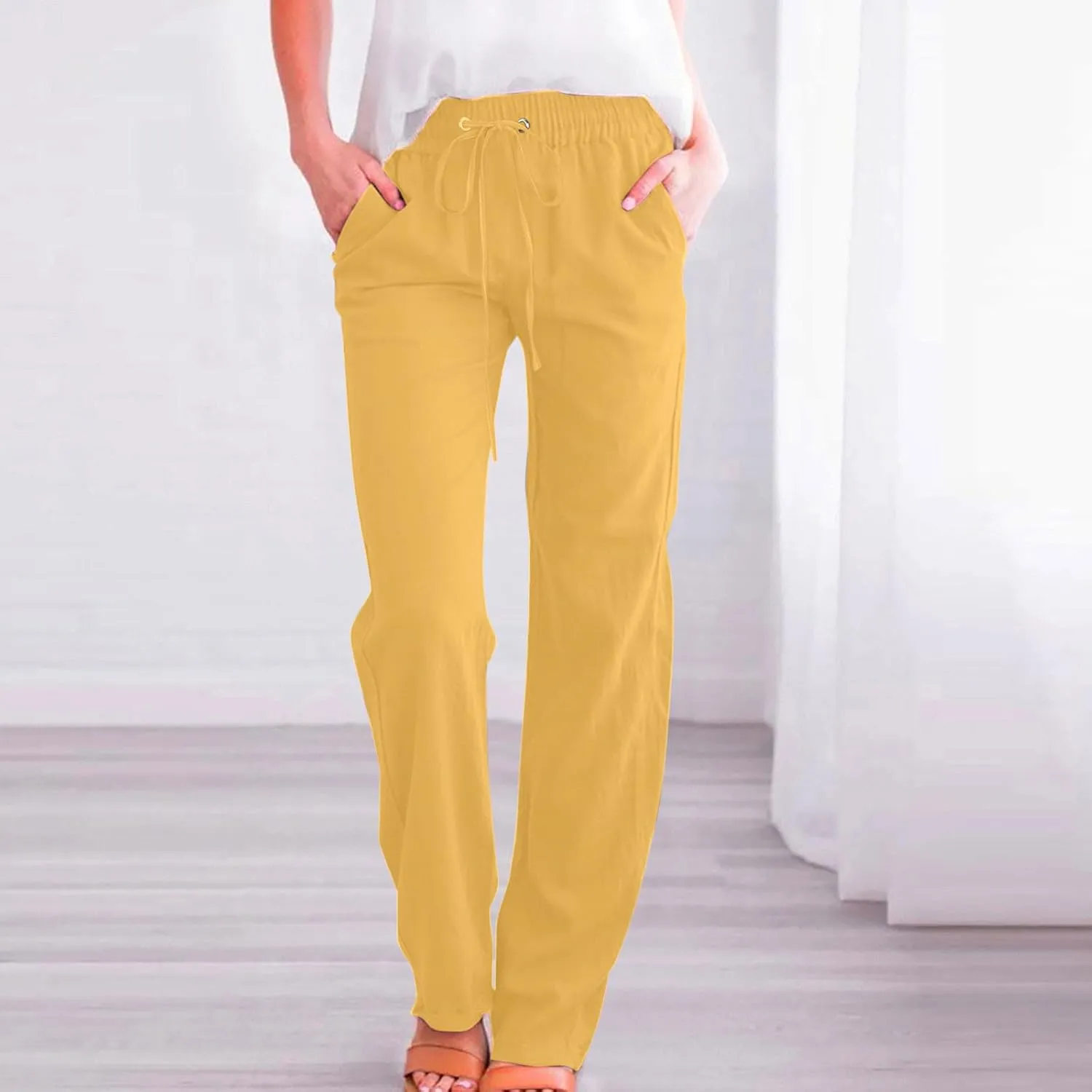 Lmdudan Womens Casual Cotton Linen Pants Lightweight Summer Elastic Waist Plus Size Pants Solid Color Lounge Long Trousers