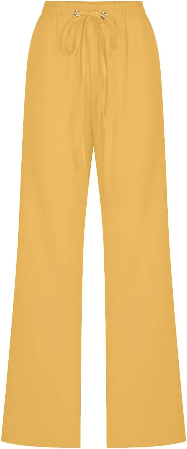 Lmdudan Womens Casual Cotton Linen Pants Lightweight Summer Elastic Waist Plus Size Pants Solid Color Lounge Long Trousers