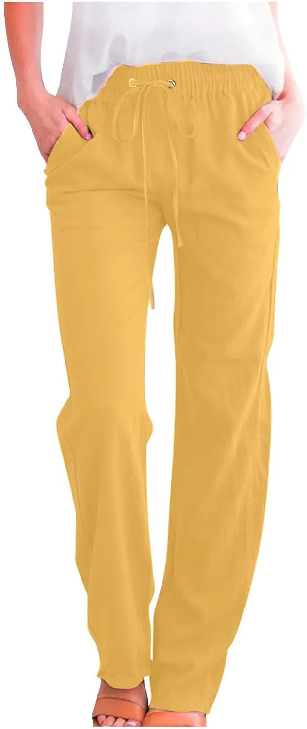Lmdudan Womens Casual Cotton Linen Pants Lightweight Summer Elastic Waist Plus Size Pants Solid Color Lounge Long Trousers