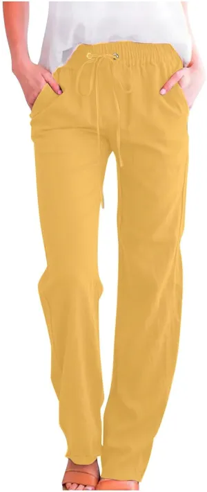 Lmdudan Womens Casual Cotton Linen Pants Lightweight Summer Elastic Waist Plus Size Pants Solid Color Lounge Long Trousers